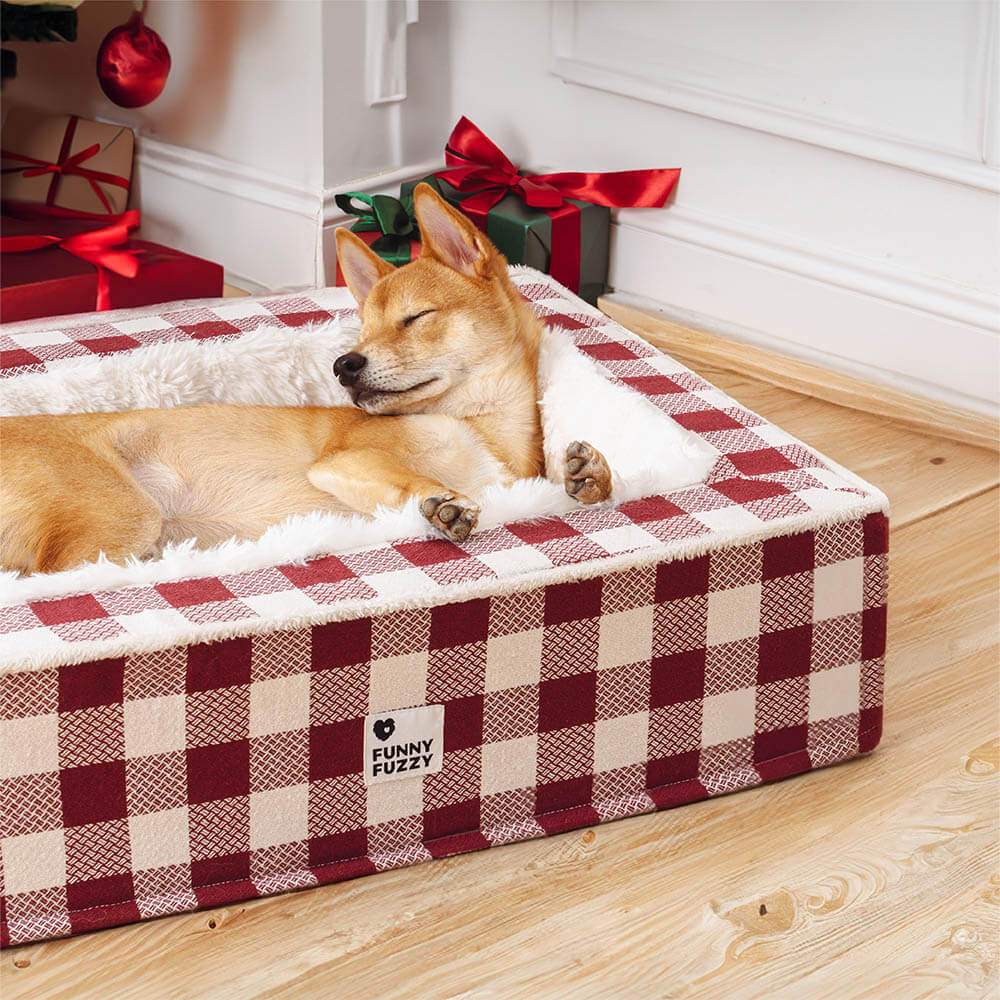 Plaid Raised-Edge Dog Bed with Memory Foam Bolster Support for Calming Sleep | Small to Extra Large Sizes | Classic Checkered Pattern Pet