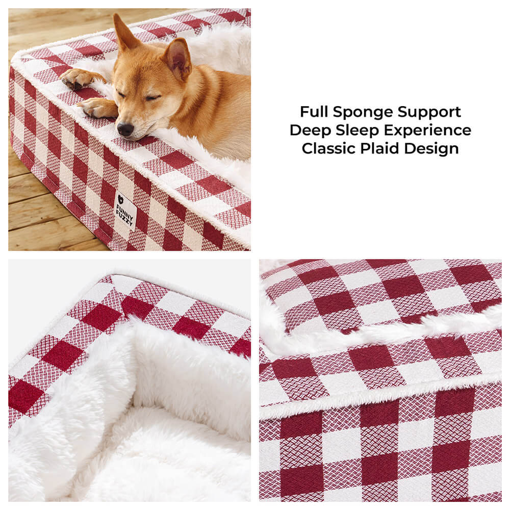 Plaid Raised-Edge Dog Bed with Memory Foam Bolster Support for Calming Sleep | Small to Extra Large Sizes | Classic Checkered Pattern Pet