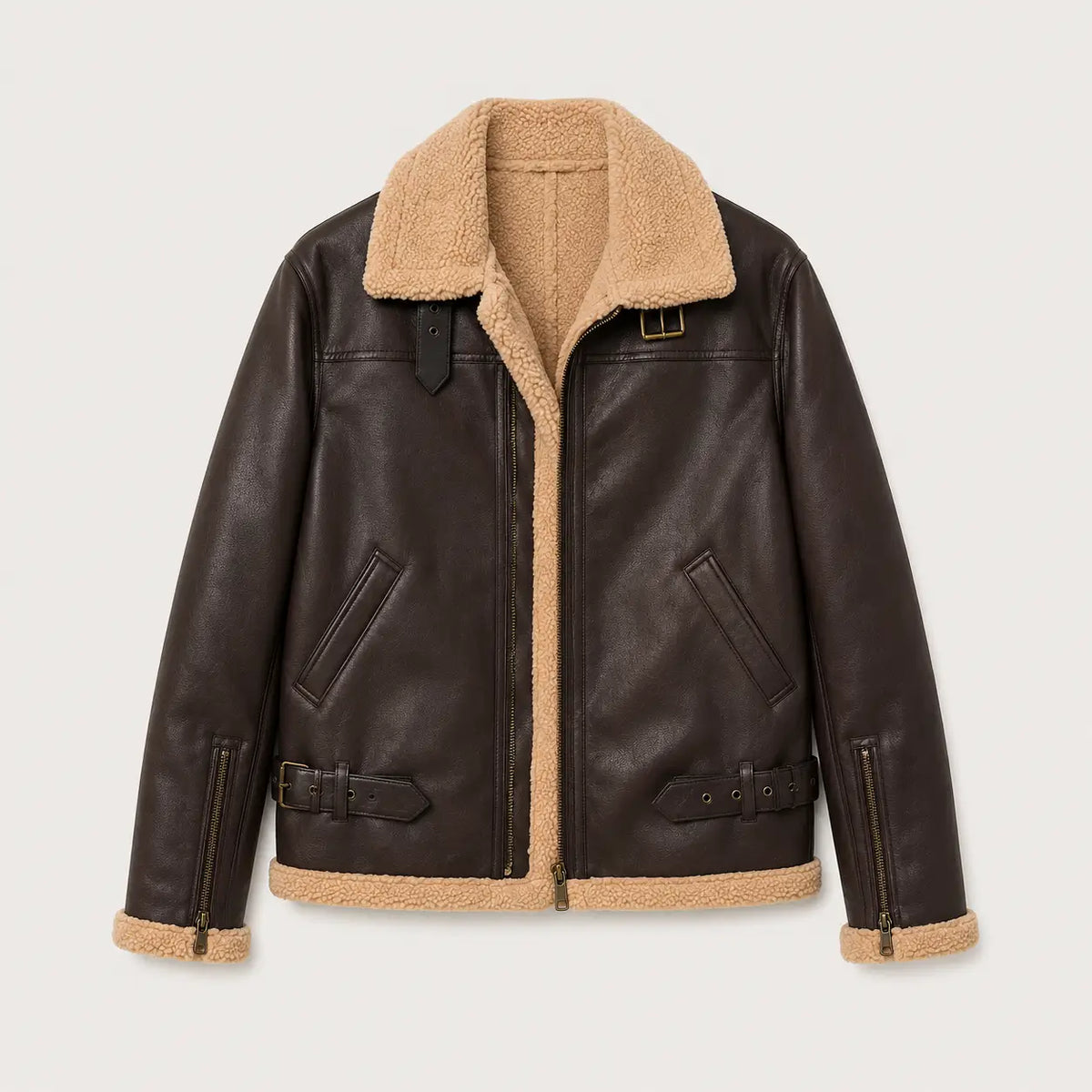 Men's Faux Shearling Aviator Jacket – Insulated Leather Look Bomber Coat with High Collar