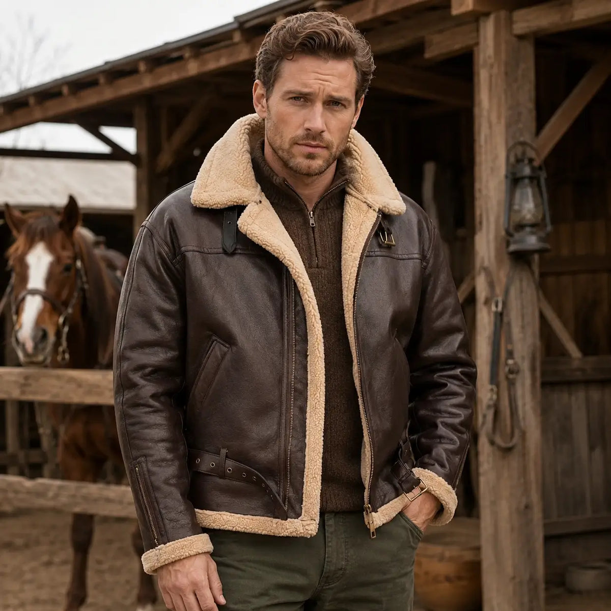 Men's Faux Shearling Aviator Jacket – Insulated Leather Look Bomber Coat with High Collar