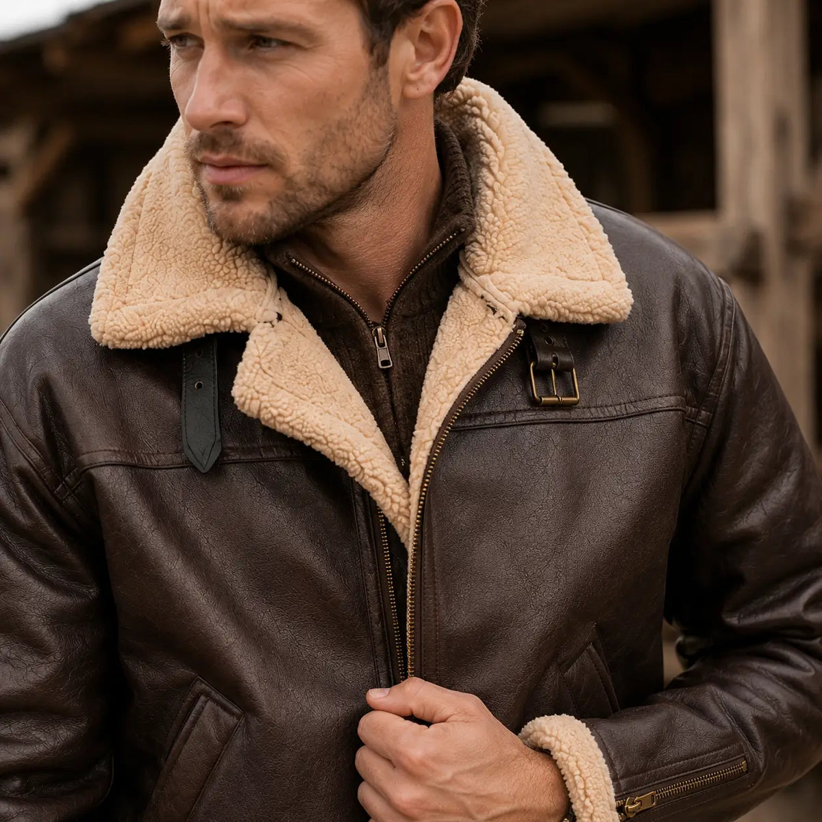 Men's Faux Shearling Aviator Jacket – Insulated Leather Look Bomber Coat with High Collar