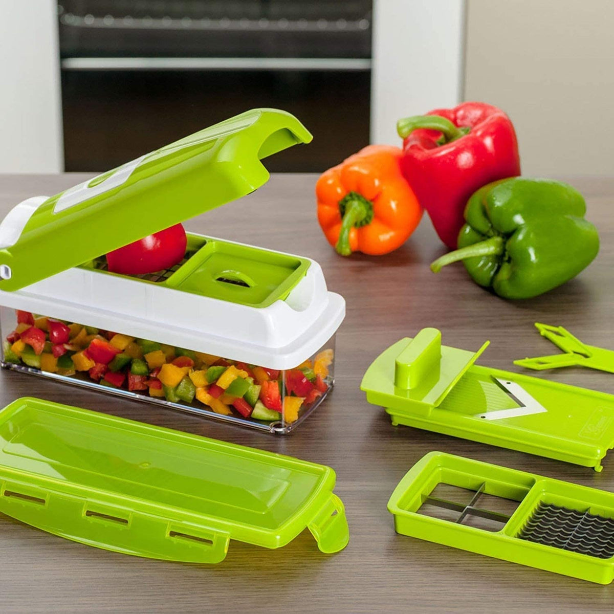 Cortador de verduras con 8 cuchillas intercambiables y protector de manos, recipiente integrado