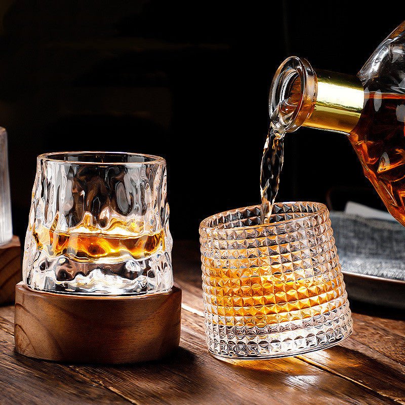 Rotating Crystal Tumbler Set Lead-Free 6.3 in Tall Rocks Glass for Scotch Bourbon Cocktails Home Bar Glassware Unique Swirl Base Design Gift | Thomler