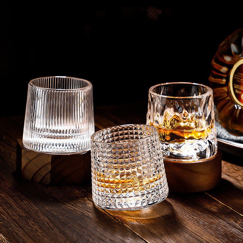 Rotating Crystal Tumbler Set Lead-Free 6.3 in Tall Rocks Glass for Scotch Bourbon Cocktails Home Bar Glassware Unique Swirl Base Design Gift | Thomler