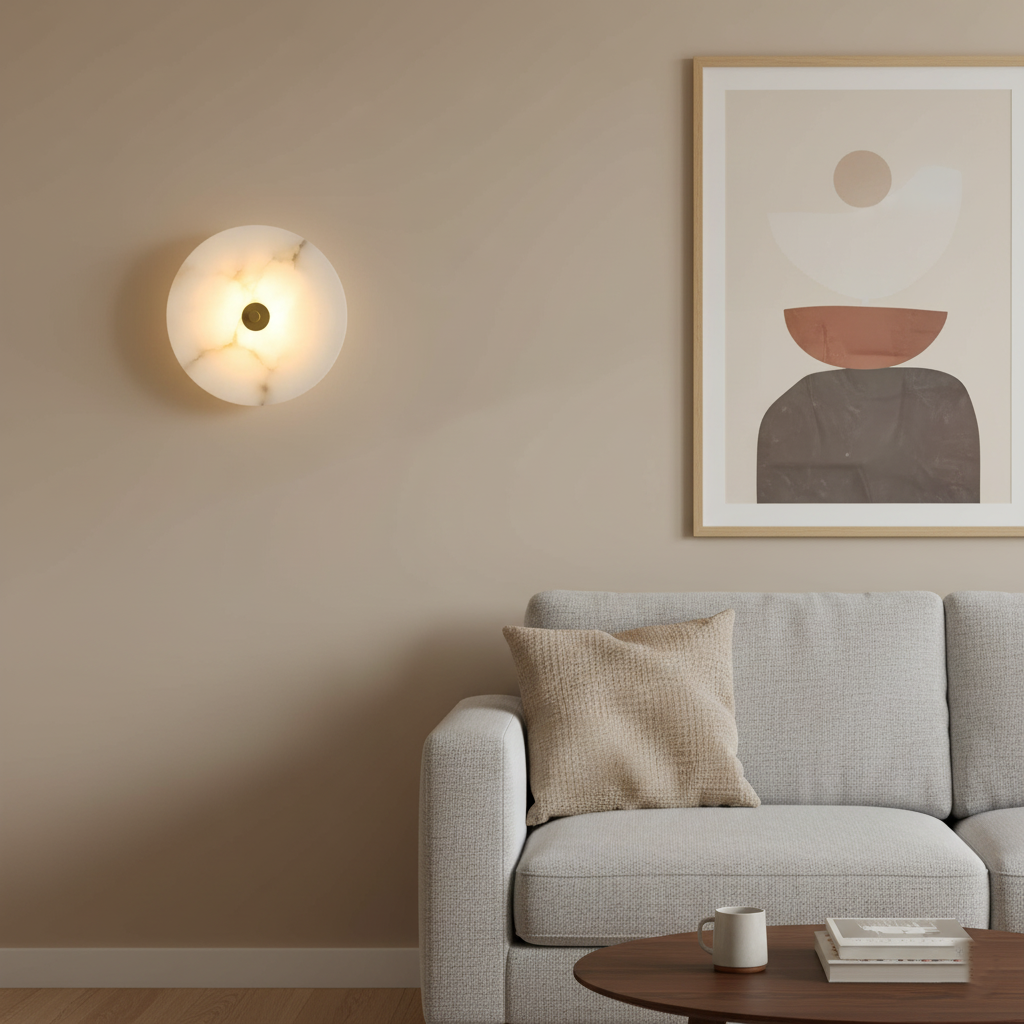 Round Alabaster Sconce LED Warm Glow Indoor Natural Stone Circle Fixture Iron Frame Bedroom Hallway Living Room Ambient Lighting 12.6 Inch | Thomler