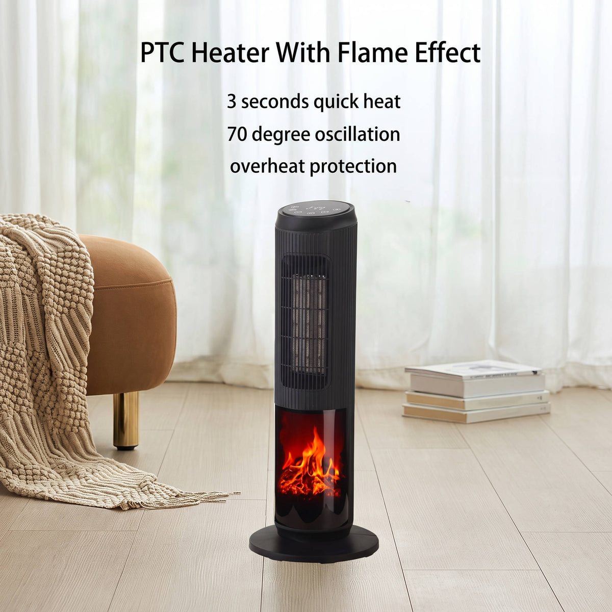27" Keramik-Turm-Heizlüfter, elektrische Heizung für große Räume mit 3D-Flamme, Oszillation & Fernbedienung