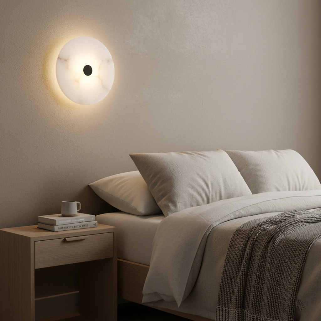 Round Alabaster Sconce LED Warm Glow Indoor Natural Stone Circle Fixture Iron Frame Bedroom Hallway Living Room Ambient Lighting 12.6 Inch | Thomler