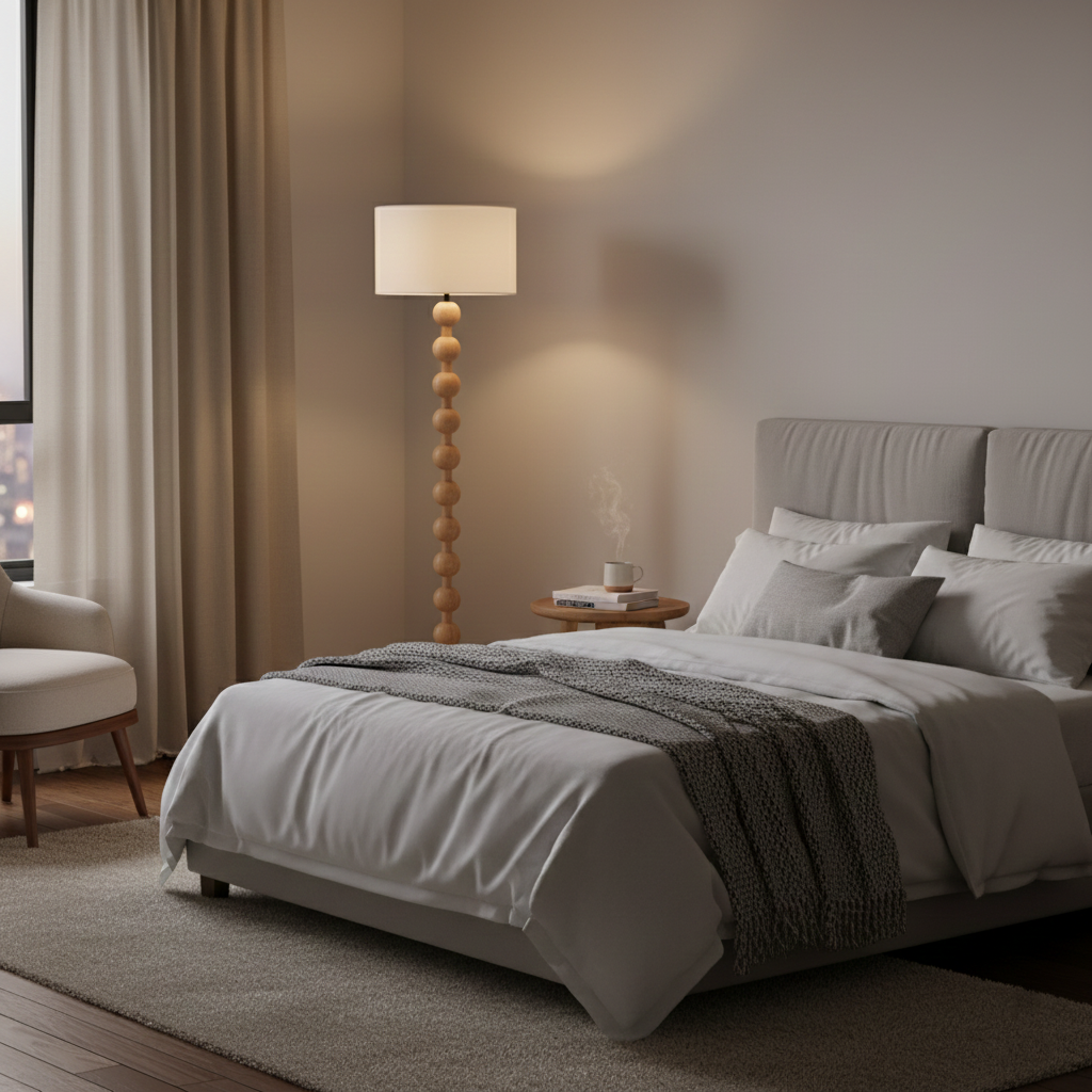 Tall Standing Lamp with White Shade 63 Inches Natural Wood Base Dimmable Accent Light for Bedroom Living Room Corner Reading Nook Modern Dec | Thomler
