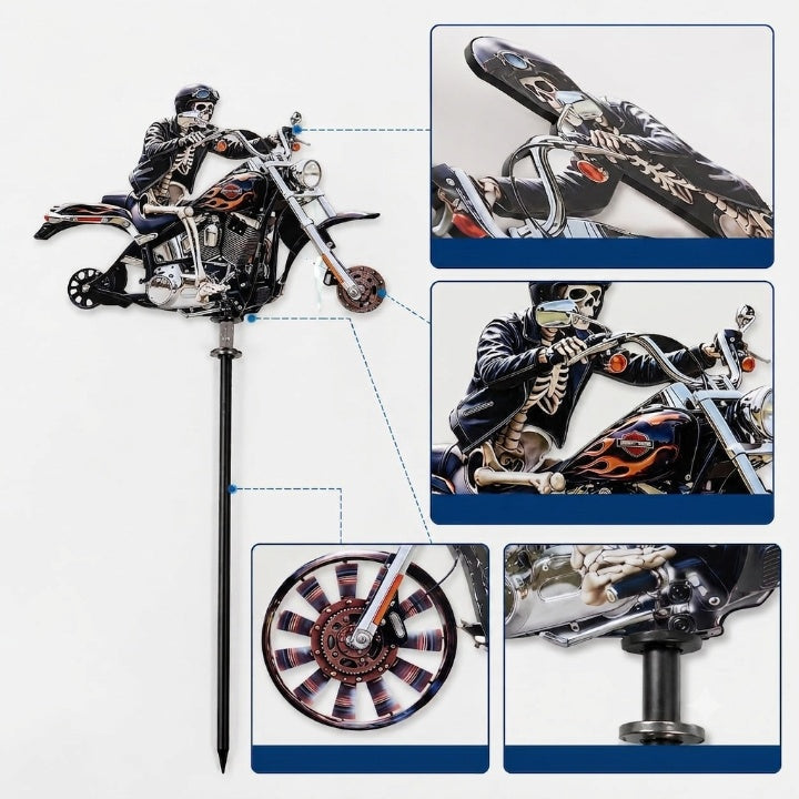 Skelet-motorfiets windspinner met grondpen voor in de tuin