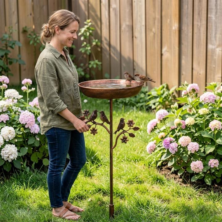 Metal Bird Bath on Garden Stake with Vintage Copper-Tone Finish for Yard & Patio, Easy Assembly Outdoor Birdbath Bowl for Songbirds | Thomler