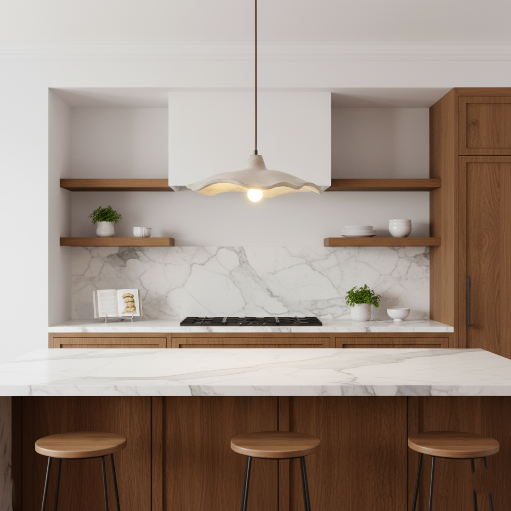 Concrete Hanging Light 16-Inch Organic Petal Shape for Dining Room Kitchen Island Bedroom Wabi-Sabi Style Adjustable Cord LED Compatible Mod | Thomler