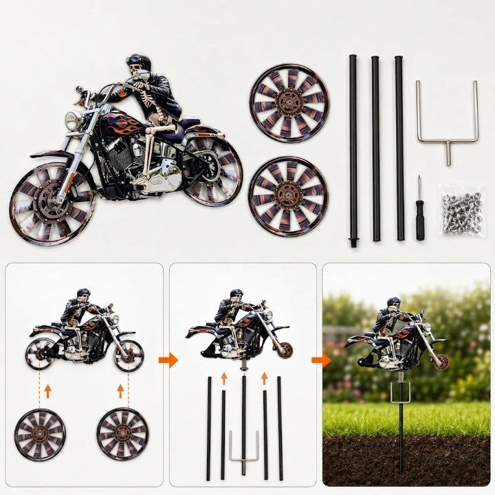 Skelet-motorfiets windspinner met grondpen voor in de tuin