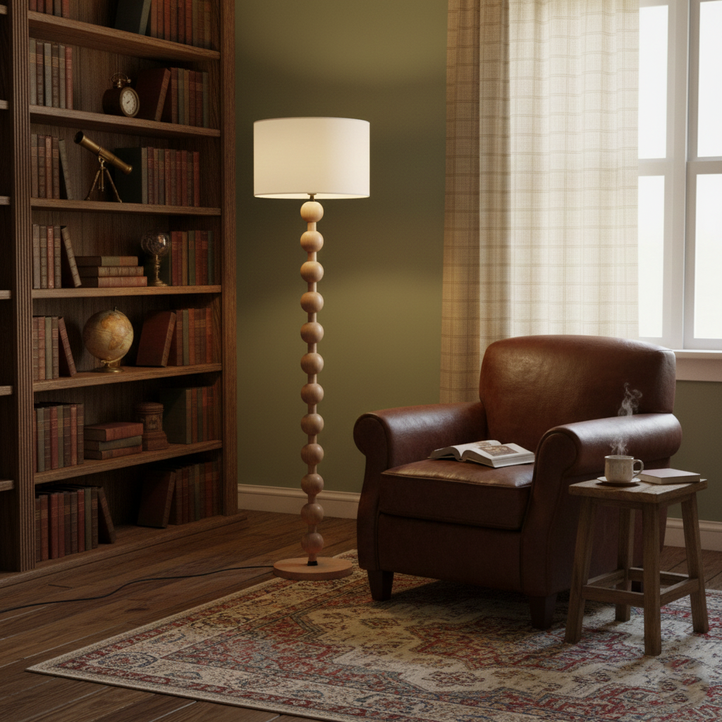Tall Standing Lamp with White Shade 63 Inches Natural Wood Base Dimmable Accent Light for Bedroom Living Room Corner Reading Nook Modern Dec | Thomler