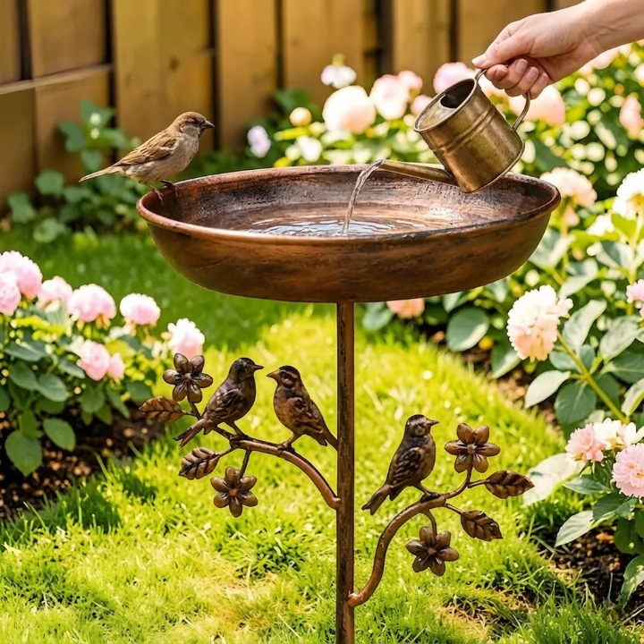 Metal Bird Bath on Garden Stake with Vintage Copper-Tone Finish for Yard & Patio, Easy Assembly Outdoor Birdbath Bowl for Songbirds | Thomler
