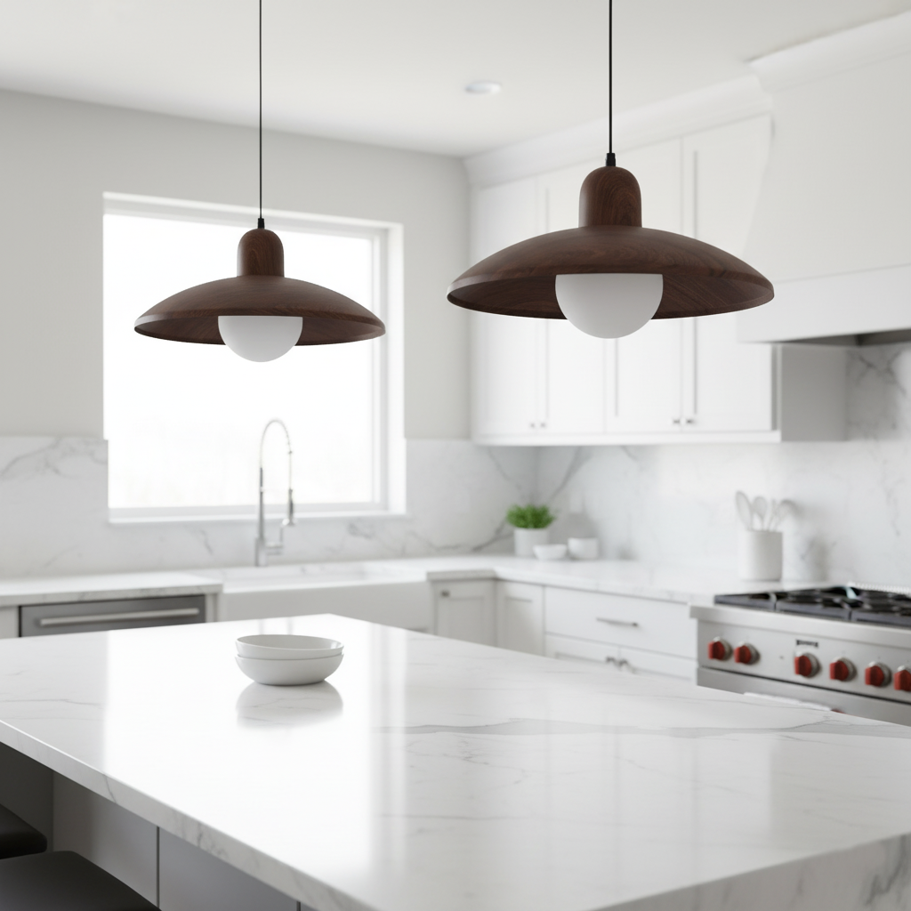 Wood Dome Ceiling Pendant 12 in Walnut Hanging Light for Kitchen Island Dining Table Minimalist Adjustable Cord E27 Socket 110V | Thomler