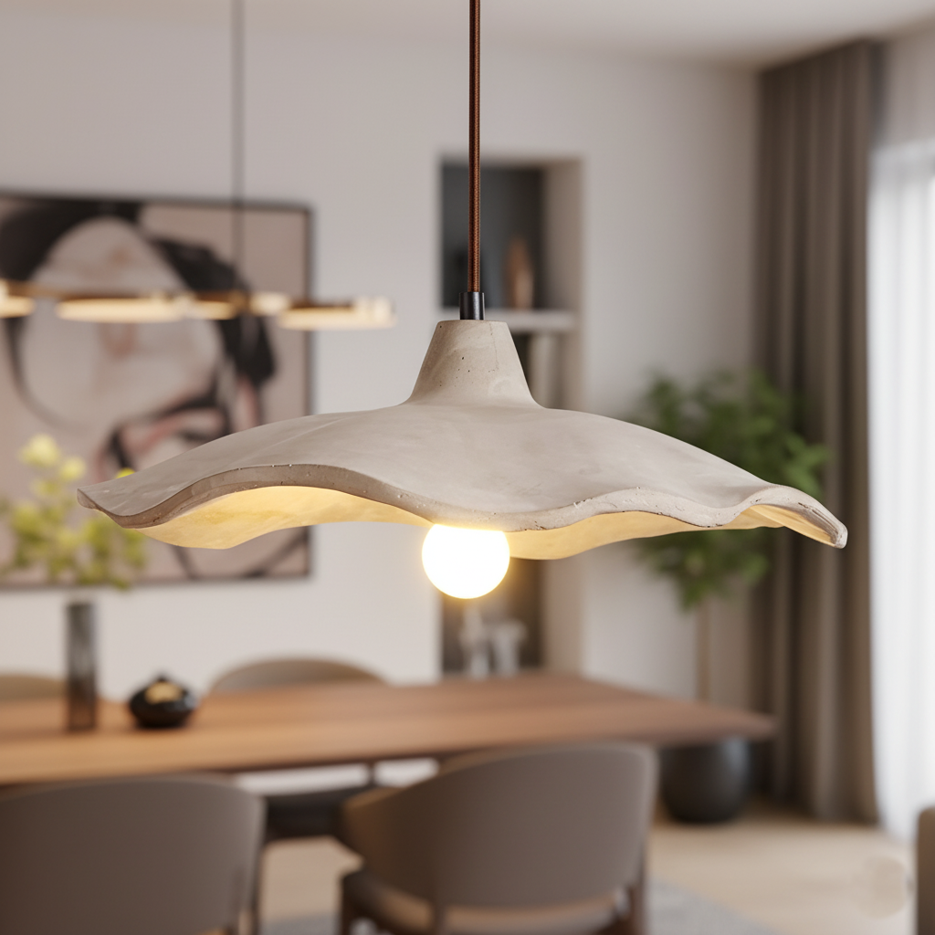 Concrete Hanging Light 16-Inch Organic Petal Shape for Dining Room Kitchen Island Bedroom Wabi-Sabi Style Adjustable Cord LED Compatible Mod | Thomler