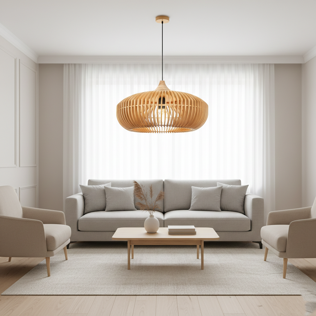 Wood Slat Ceiling Fixture Round Natural 17-Inch Japandi Style Above Table Island Ambient Hanging Light for Dining Kitchen Living Room | Thomler