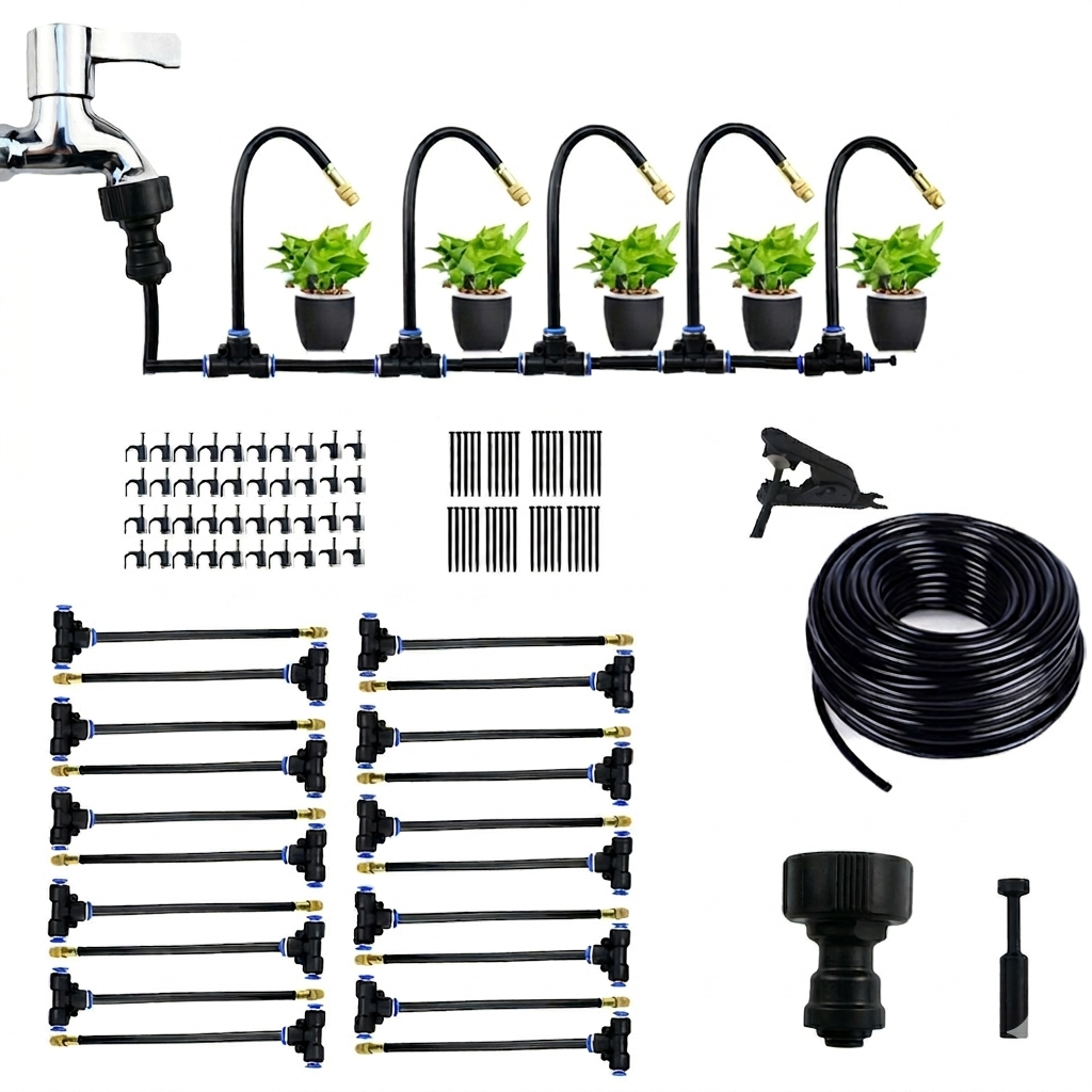 Outdoor Misting System 66 ft with 20 Copper Nozzles – Patio Cooling & Garden Irrigation for Decks, Plants & Greenhouses | Thomler