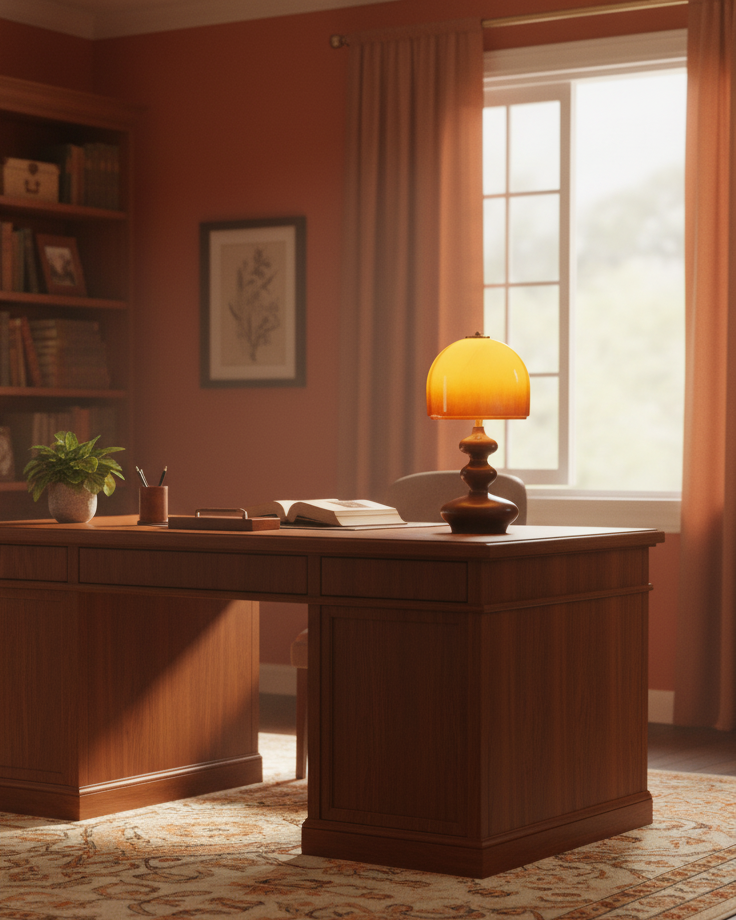 Wooden Desk Lamp with Amber Glass Shade 10 in × 20 in for Nightstand Bedroom Office Cozy Reading Light | Thomler