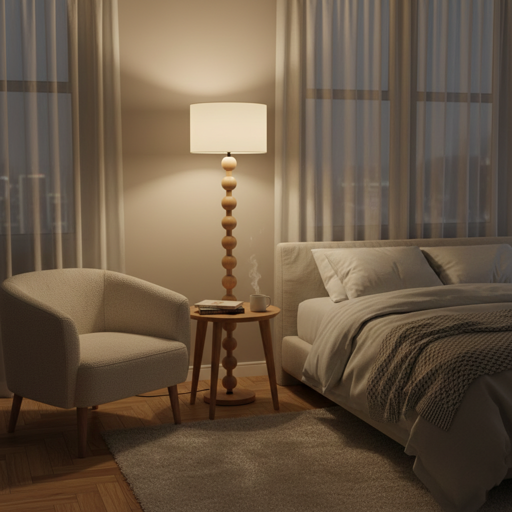 Tall Standing Lamp with White Shade 63 Inches Natural Wood Base Dimmable Accent Light for Bedroom Living Room Corner Reading Nook Modern Dec | Thomler