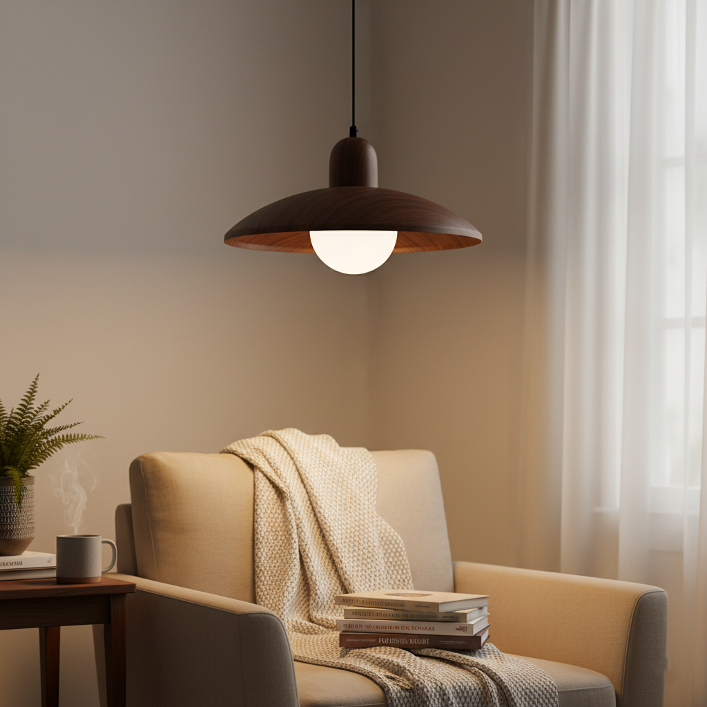 Wood Dome Ceiling Pendant 12 in Walnut Hanging Light for Kitchen Island Dining Table Minimalist Adjustable Cord E27 Socket 110V | Thomler