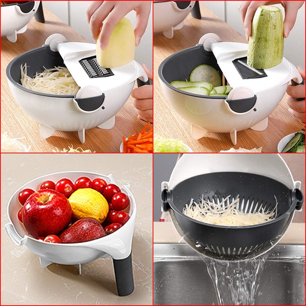 Picadora y cortadora de verduras con recipiente de drenaje, juego de herramientas de cocina todo en uno con rebanador, rallador y cortador en juliana para preparación de ensaladas, cuchillas de acero inoxidable | Thomler