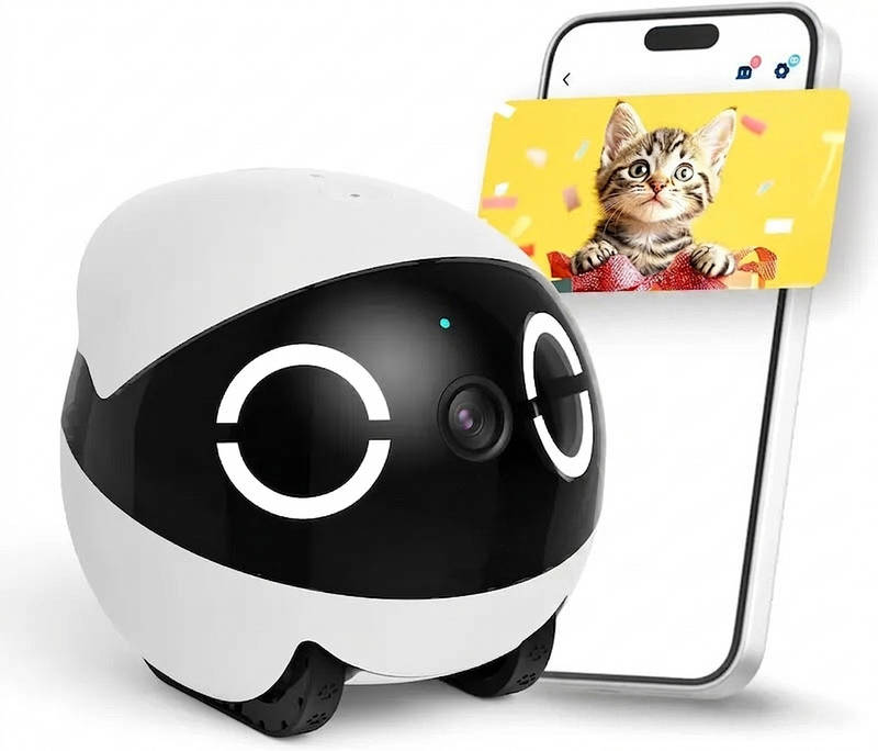 Robot cámara para mascotas 2K Mini, cámara interior móvil con control desde app, comunicación bidireccional, visión nocturna y detección de movimiento