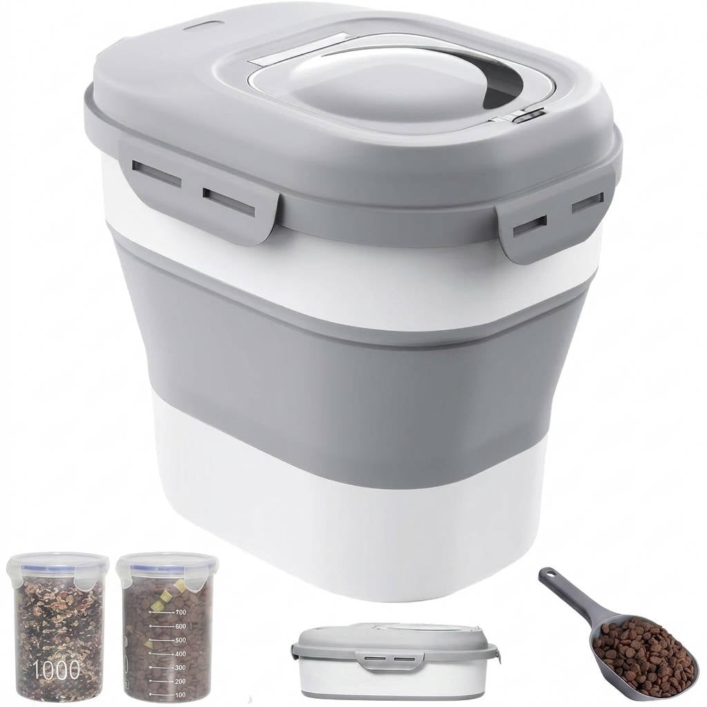 Contenedor de almacenamiento de comida para perros de 30 a 35 libras, recipiente hermético plegable para mascotas con ruedas, pala y 2 contenedores