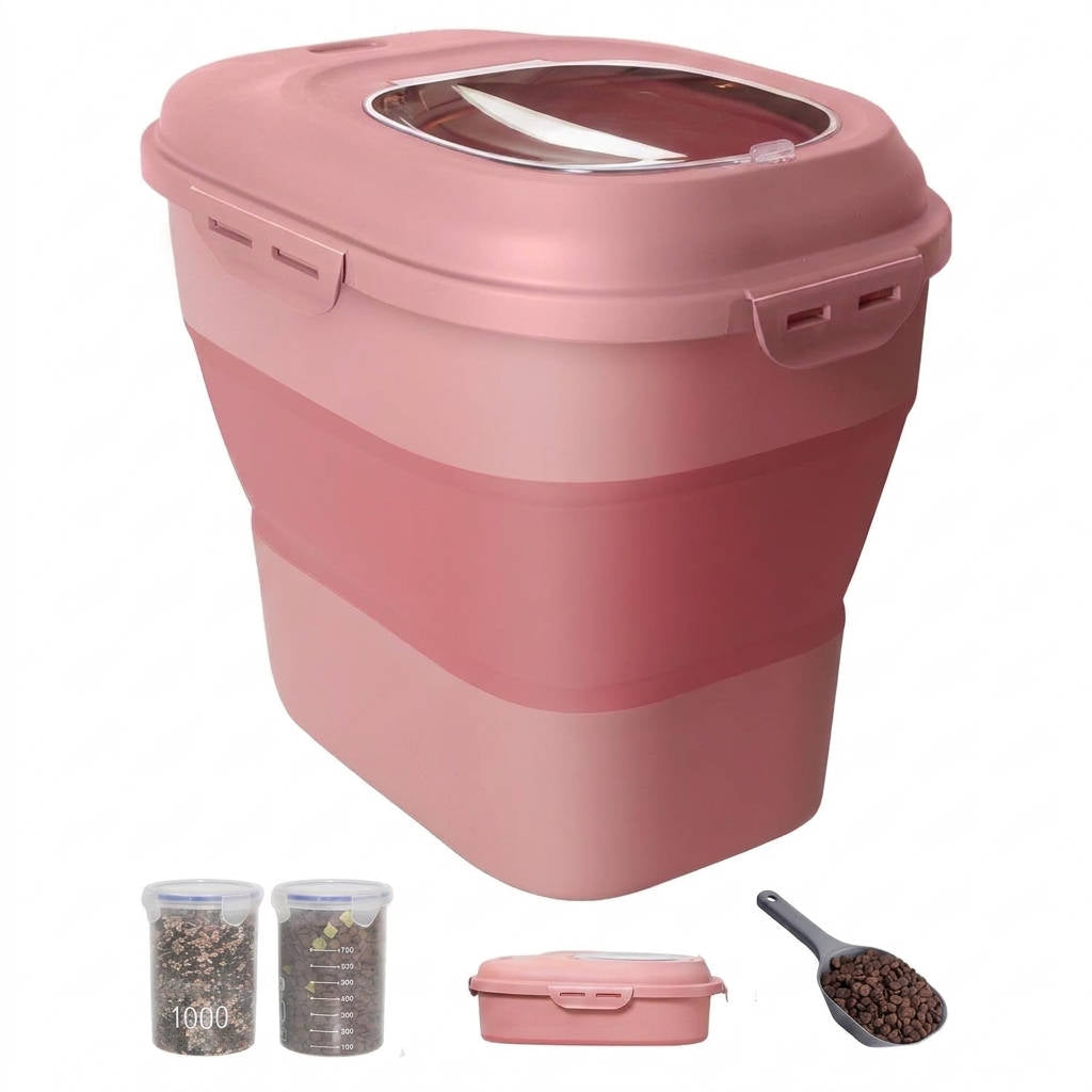 Contenedor de almacenamiento de comida para perros de 30 a 35 libras, recipiente hermético plegable para mascotas con ruedas, pala y 2 contenedores