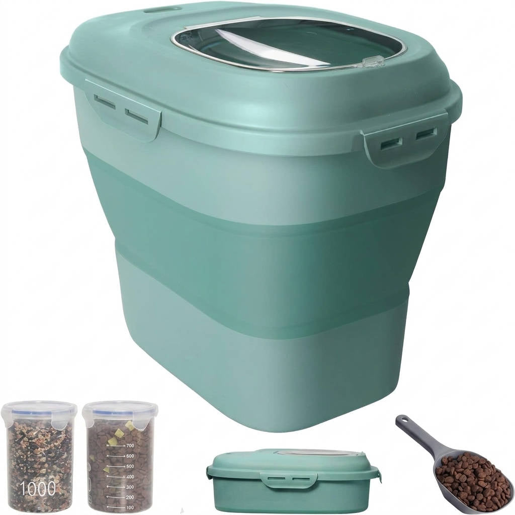 Contenedor de almacenamiento de comida para perros de 30 a 35 libras, recipiente hermético plegable para mascotas con ruedas, pala y 2 contenedores
