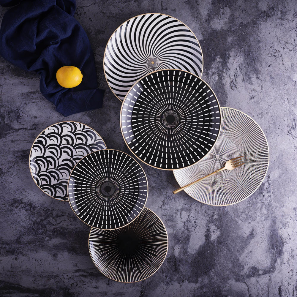Dinner Plate Set 10 Inch Monochrome Pattern Gold Edge Fine China Dishware for Kitchen Table Modern Black White Serving Plates Dining Room De | Thomler