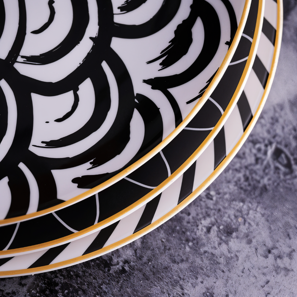 Dinner Plate Set 10 Inch Monochrome Pattern Gold Edge Fine China Dishware for Kitchen Table Modern Black White Serving Plates Dining Room De | Thomler
