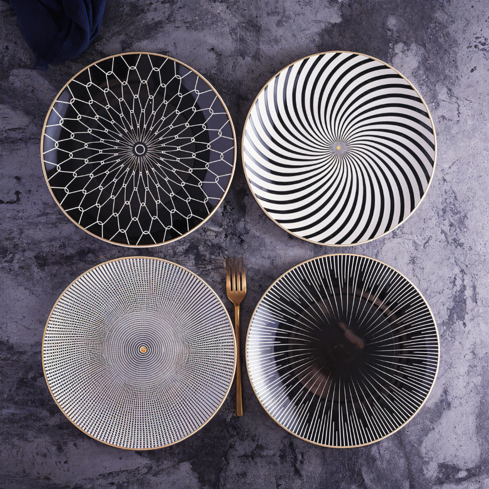 Dinner Plate Set 10 Inch Monochrome Pattern Gold Edge Fine China Dishware for Kitchen Table Modern Black White Serving Plates Dining Room De | Thomler