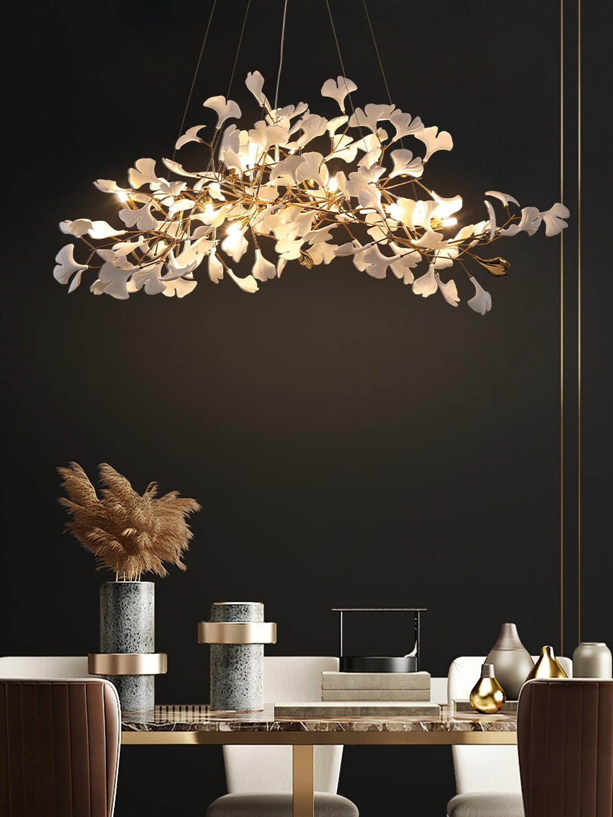 Lámpara de techo de porcelana hecha a mano con hojas y ramas flexibles, color dorado y blanco, 70 pulgadas, iluminación de diseño para comedor, vestíbulo y sala de estar