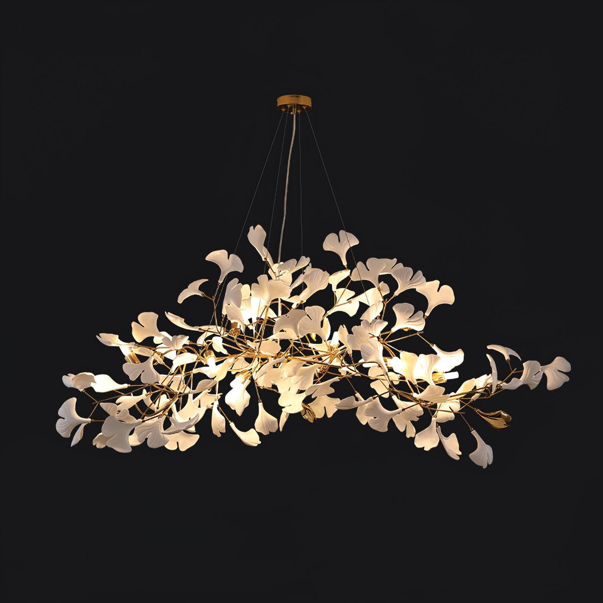 Lámpara de techo de porcelana hecha a mano con hojas y ramas flexibles, color dorado y blanco, 70 pulgadas, iluminación de diseño para comedor, vestíbulo y sala de estar