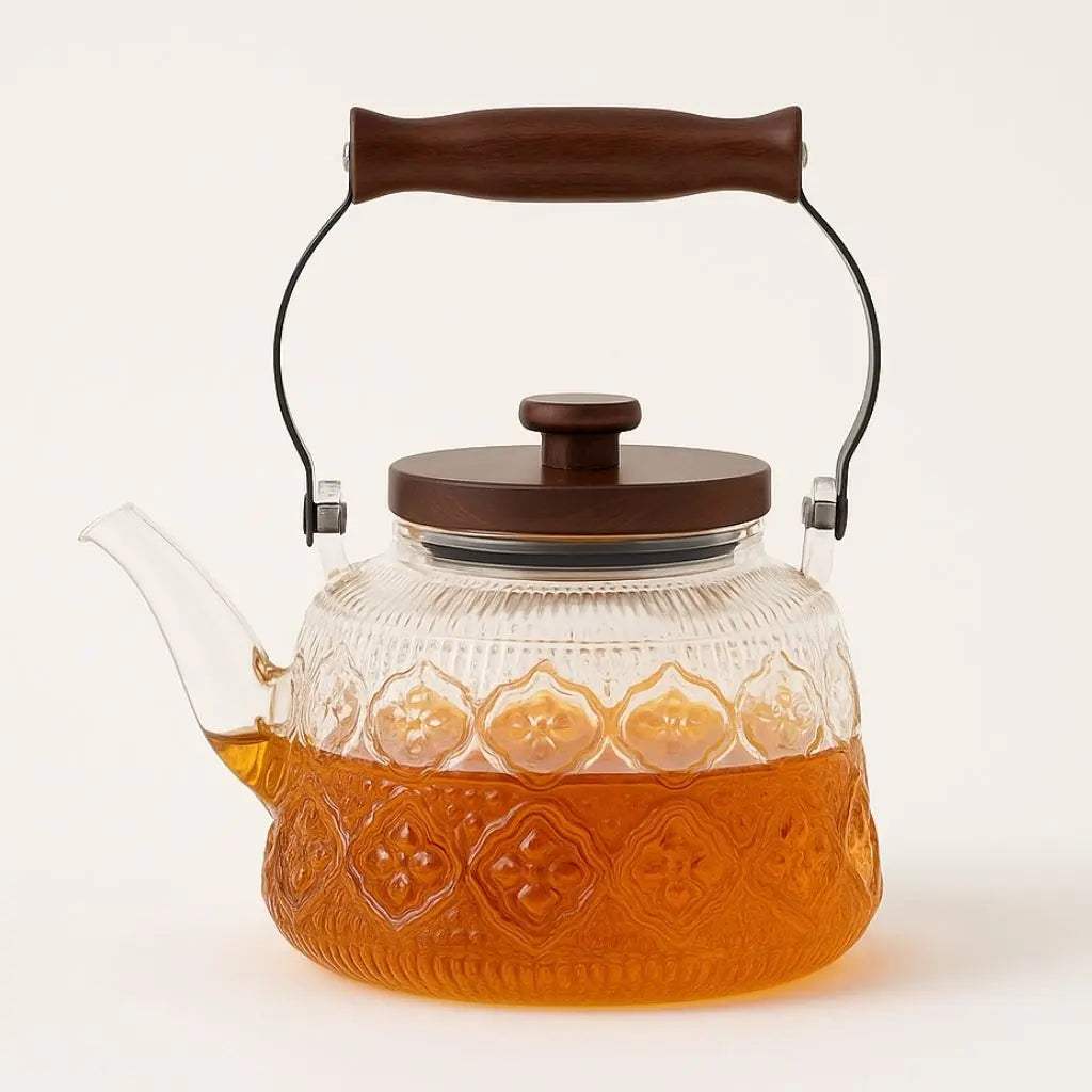 Transparente Glasteekanne mit herausnehmbarem Sieb & Holzgriff, 1 Liter Fassungsvermögen, hitzebeständiger Teebereiter für losen Kräuter-, Grün-, Schwarz- und Oolong-Tee für den täglichen Gebrauch | Thomler