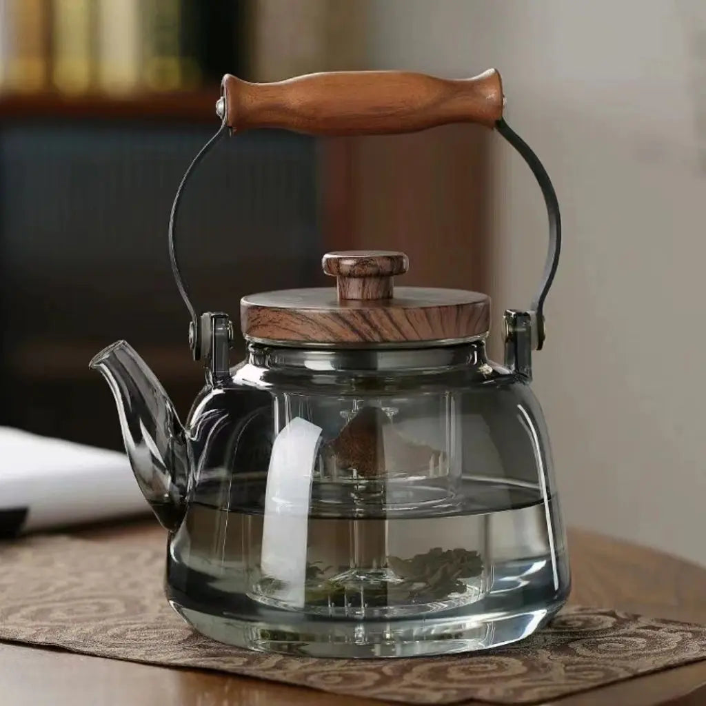 Transparente Glasteekanne mit herausnehmbarem Sieb & Holzgriff, 1 Liter Fassungsvermögen, hitzebeständiger Teebereiter für losen Kräuter-, Grün-, Schwarz- und Oolong-Tee für den täglichen Gebrauch | Thomler