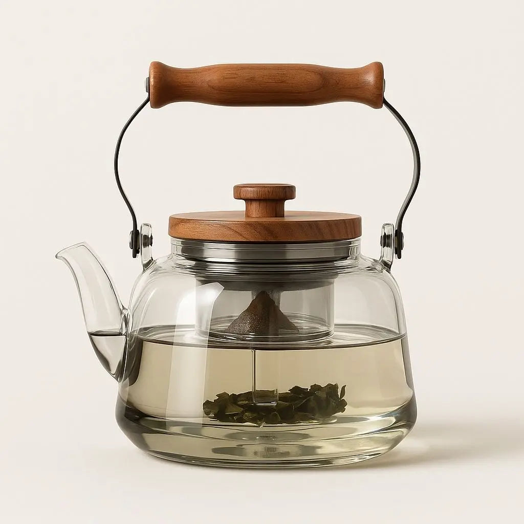 Transparente Glasteekanne mit herausnehmbarem Sieb & Holzgriff, 1 Liter Fassungsvermögen, hitzebeständiger Teebereiter für losen Kräuter-, Grün-, Schwarz- und Oolong-Tee für den täglichen Gebrauch | Thomler