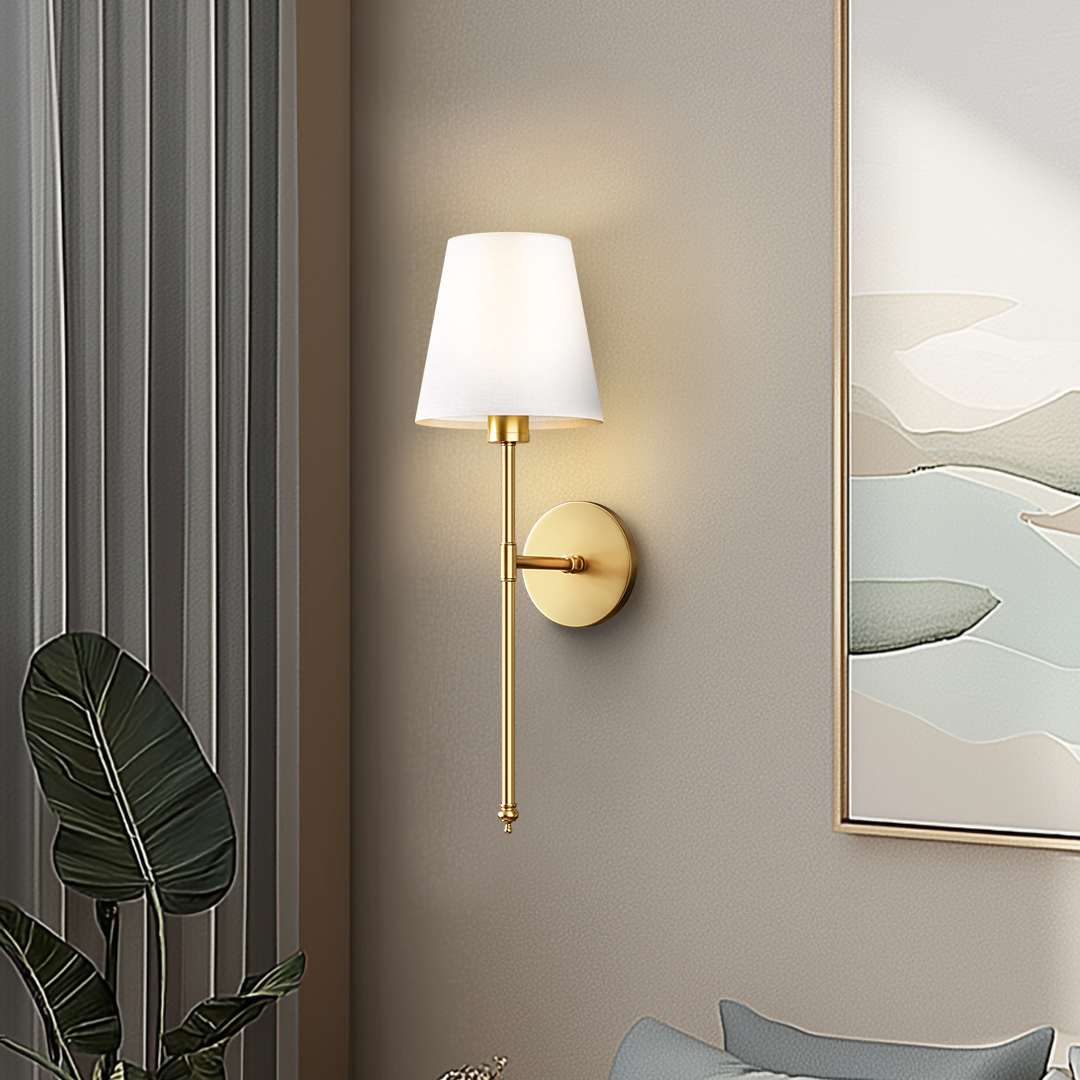 Wandleuchte mit Fernbedienung, 2er-Set, Gold, 50 cm, kabellose Leselampe für Schlaf- und Wohnzimmer, dimmbar, batteriebetrieben, Stoff | Thomler
