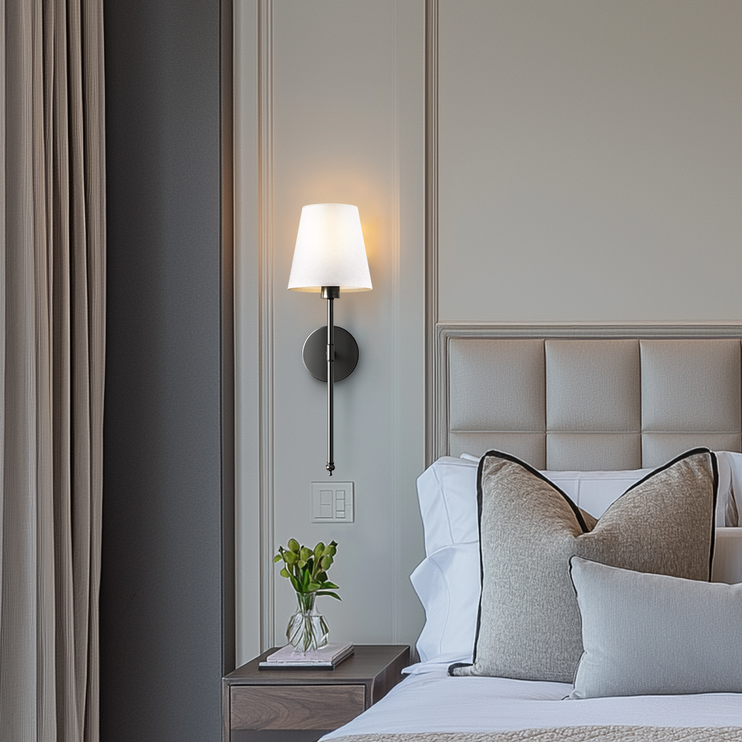 Wandleuchte mit Fernbedienung, 2er-Set, Gold, 50 cm, kabellose Leselampe für Schlaf- und Wohnzimmer, dimmbar, batteriebetrieben, Stoff | Thomler