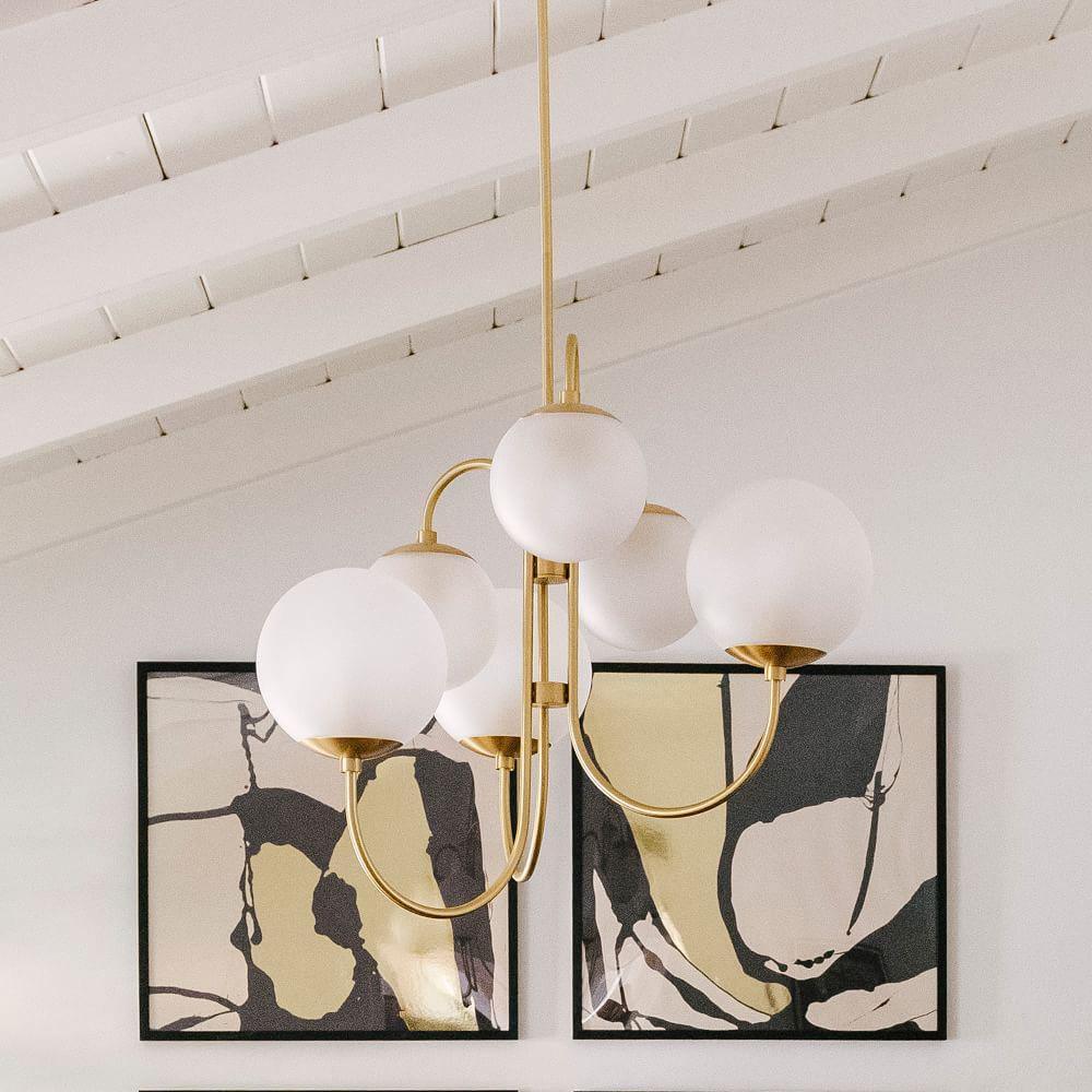 Lámpara de techo de varios brazos, marco de metal, pantallas de vidrio esmerilado, oro, negro, blanco, 30 pulgadas de diámetro, para sala de estar, comedor, dormitorio, luz superior | Thomler