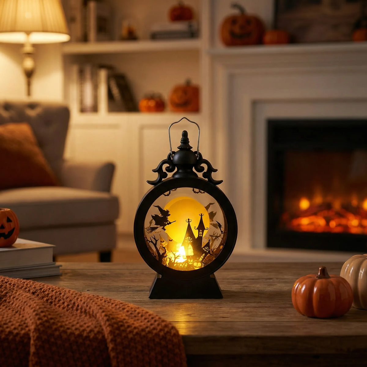 Halloween LED-lantaarn met gotisch raam en silhouet-uitsparingen