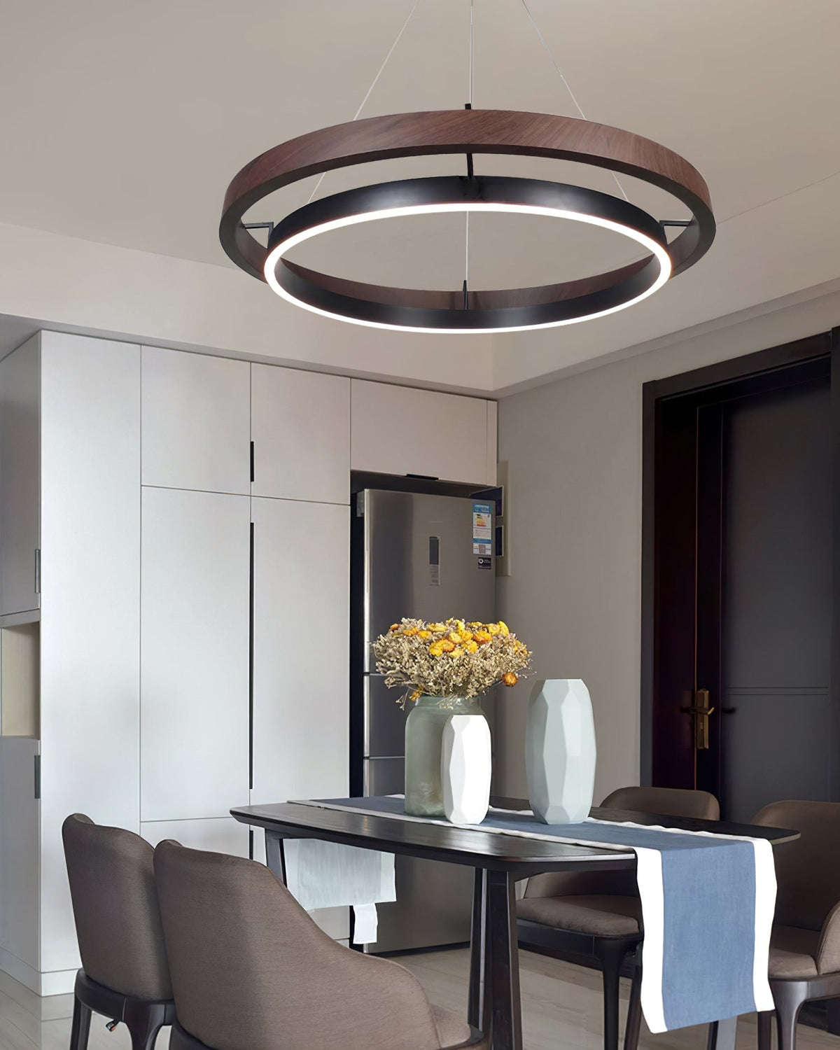 Dual-Ring LED Overhead Fixture Walnut & Black Finish Contemporary Dining Room Suspended Lighting 24-40 Inch Ceiling Mount | Thomler