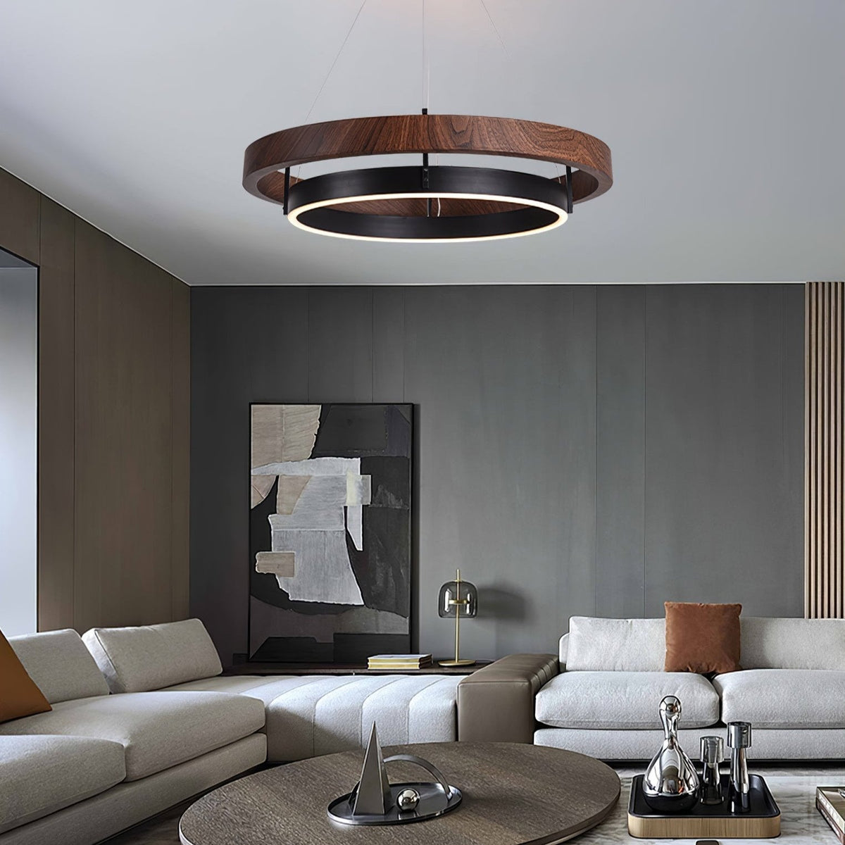 Dual-Ring LED Overhead Fixture Walnut & Black Finish Contemporary Dining Room Suspended Lighting 24-40 Inch Ceiling Mount | Thomler
