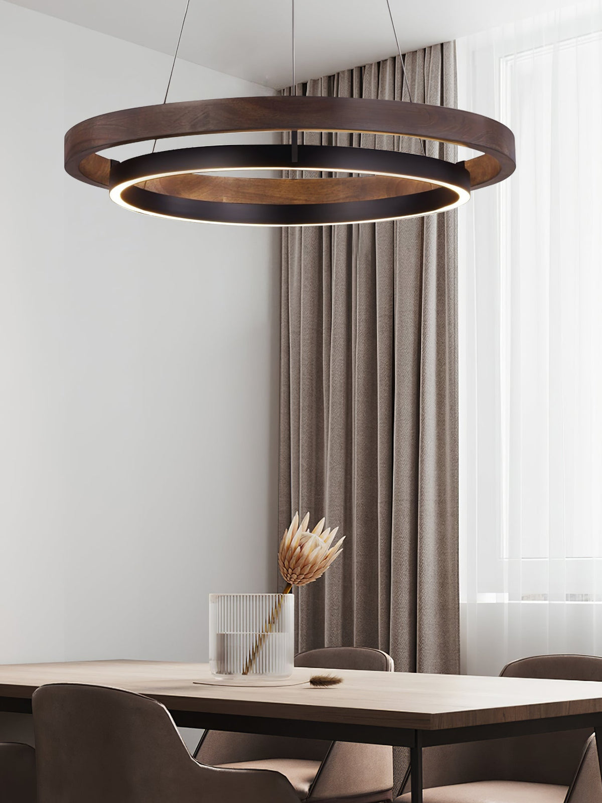 Dual-Ring LED Overhead Fixture Walnut & Black Finish Contemporary Dining Room Suspended Lighting 24-40 Inch Ceiling Mount | Thomler