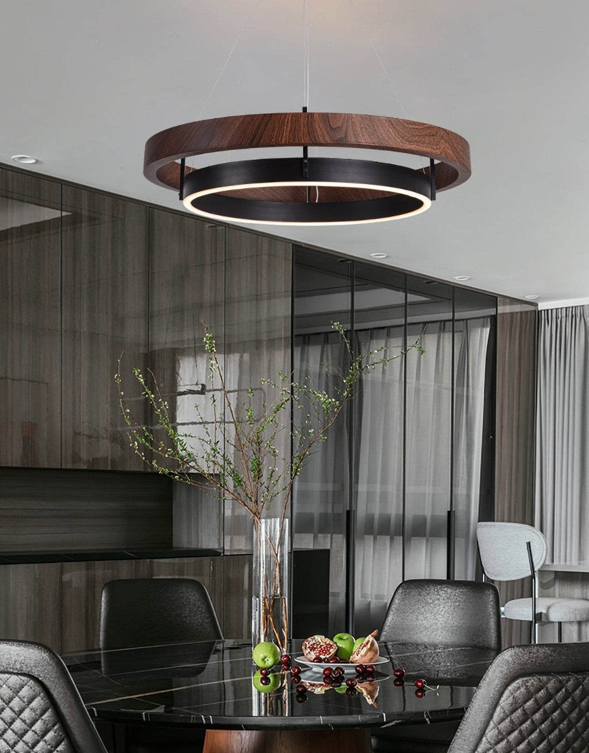 Dual-Ring LED Overhead Fixture Walnut & Black Finish Contemporary Dining Room Suspended Lighting 24-40 Inch Ceiling Mount | Thomler