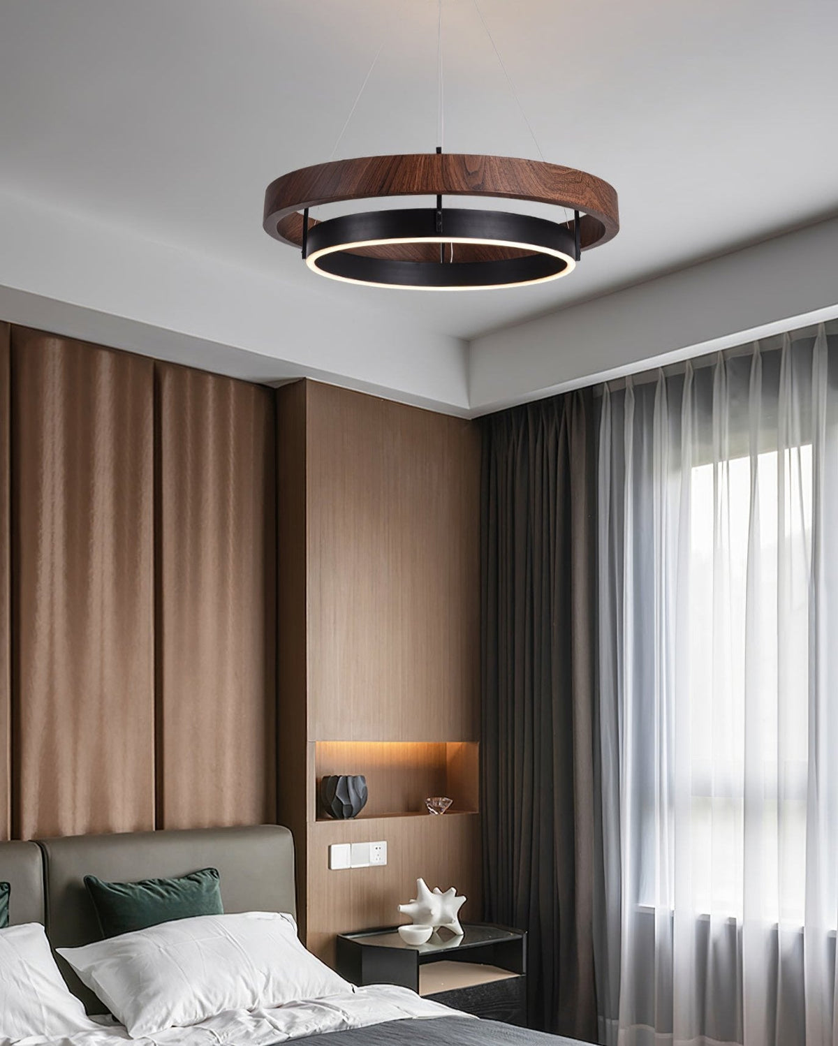 Dual-Ring LED Overhead Fixture Walnut & Black Finish Contemporary Dining Room Suspended Lighting 24-40 Inch Ceiling Mount | Thomler