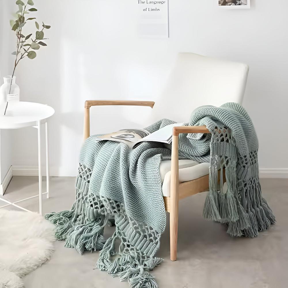 Textured Knit Throw with Tassel Trim – Soft Microfiber Blanket for Couch, Bed & Decor – 47x71 in
