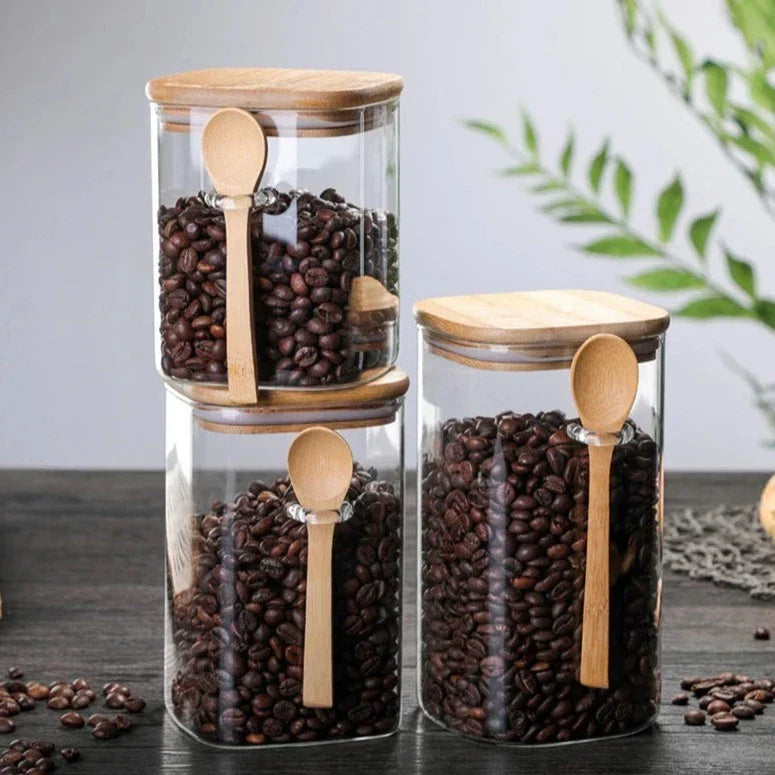 Vorratsgläser aus Glas mit Bambusdeckel, 20 cm, 3-teiliges luftdichtes Vorratsbehälter-Set für die Speisekammer, Küchenarbeitsplatte, Behälter für Trockenvorräte | Thomler