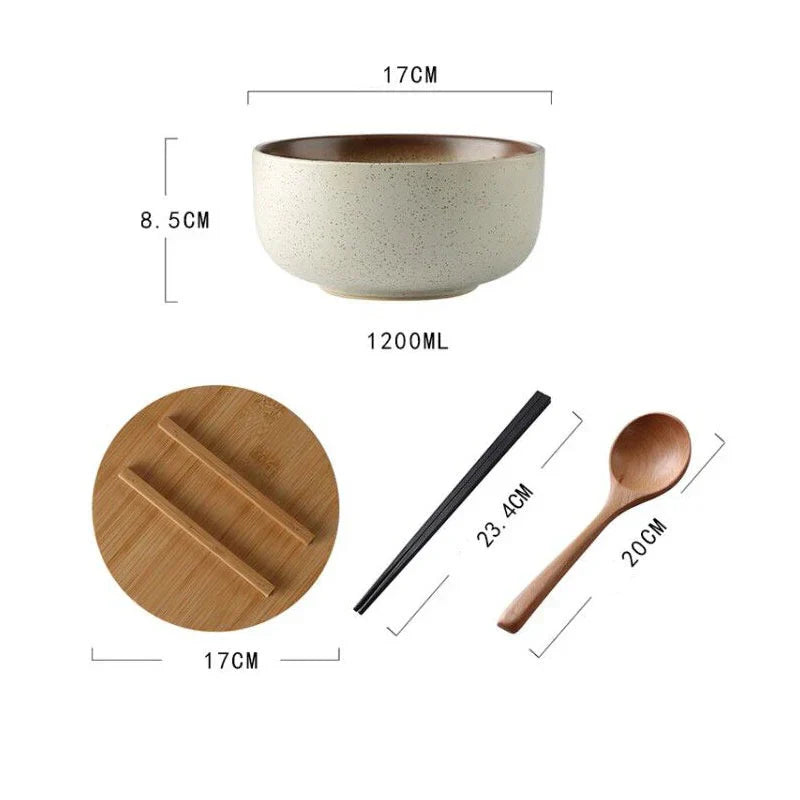 Handgemaakte keramische soepkomset van 4 stuks met lepel en eetstokjes voor ramen, noedels, salade, stoofpot, keukeneettafel, vaatwasmachinebestendig | Thomler
